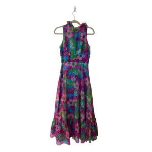 Vintage Floral Maxi Dress Size Small Pink Blue Ruffle Trim High Neck Tiered